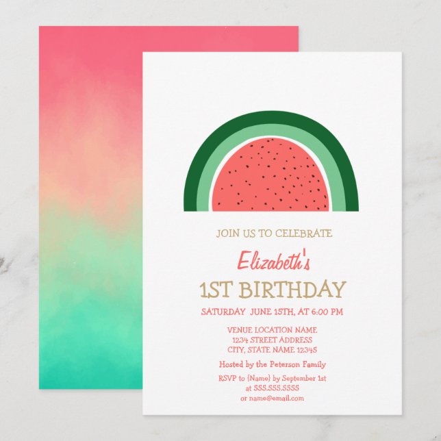Invitación de Cumpleaños de Sandía Lluvia de Color (Anverso / Reverso)