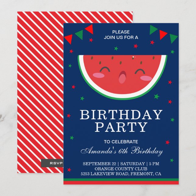 Invitación de cumpleaños de sandía pequeña linda (Anverso / Reverso)