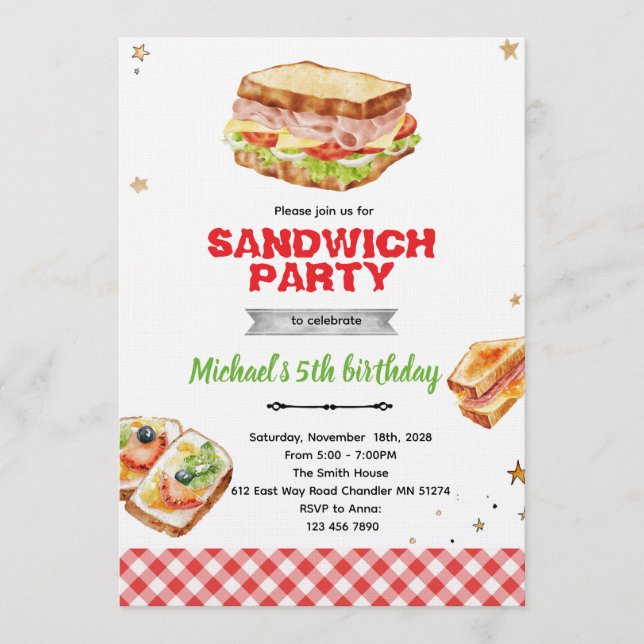 invitación de cumpleaños de sandwich (Anverso)