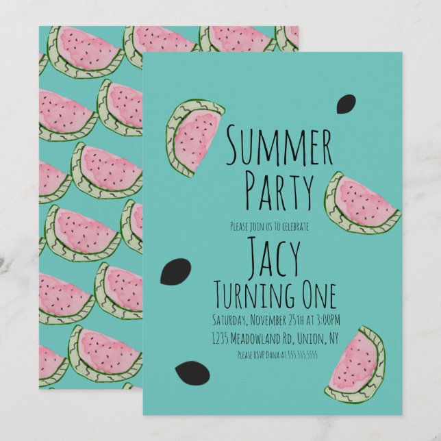 Invitación de cumpleaños de semillas de sandía de  (Anverso / Reverso)