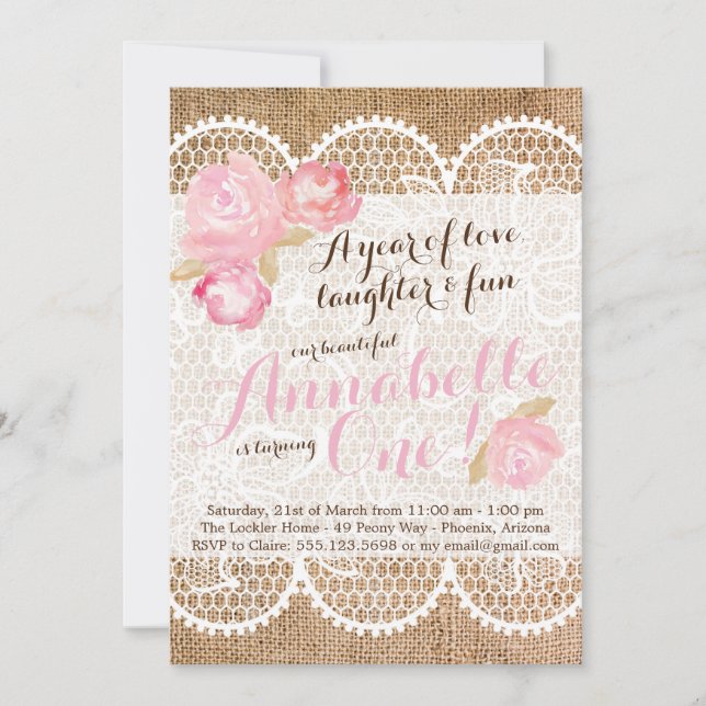 Invitación de cumpleaños de Shabby Chic, Burlap y  (Anverso)