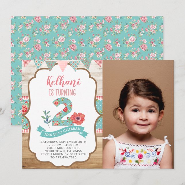 Invitación de cumpleaños de Shabby Chic con foto (Anverso / Reverso)