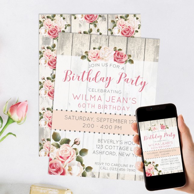 Invitación de cumpleaños de Shabby Chic Rosas Rust (Subido por el creador)