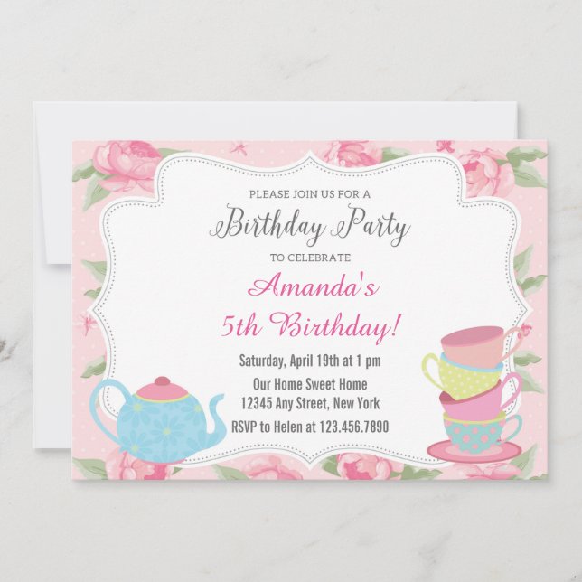 Invitación de cumpleaños de Shabby Chic Tea Fiesta (Anverso)