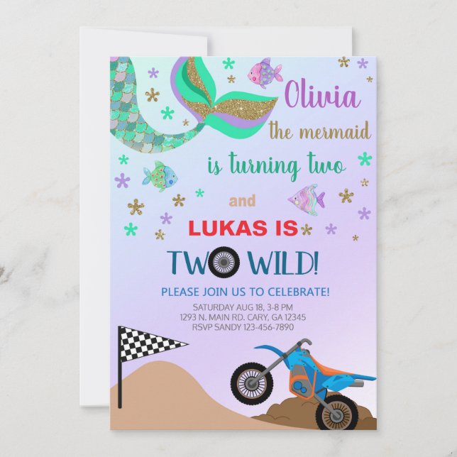 Invitación de cumpleaños de siblings mermaid & mot (Anverso)