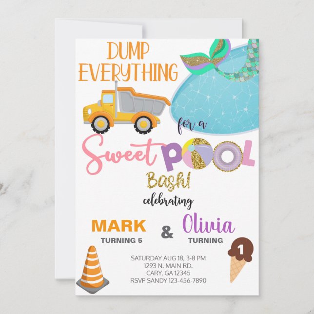 Invitación de cumpleaños de siblings mermaid y dum (Anverso)