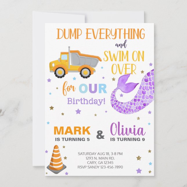 Invitación de cumpleaños de sibls mermaid y dump t (Anverso)