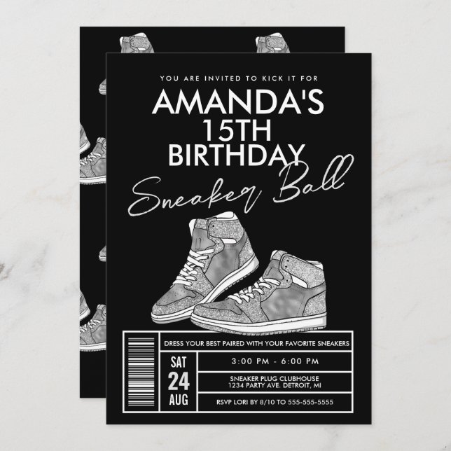 Invitación de cumpleaños de Silver Sneaker Ball (Anverso / Reverso)