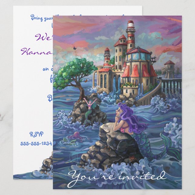 Invitación de cumpleaños de sirena (Anverso / Reverso)