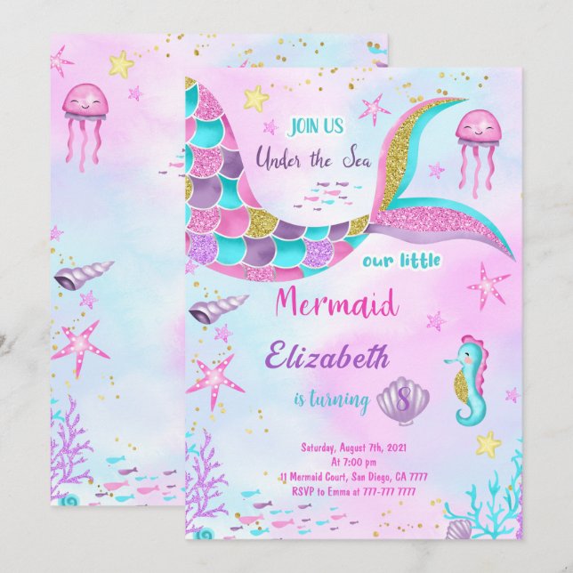 Invitación de cumpleaños de sirena (Anverso / Reverso)