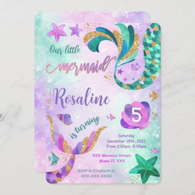 Invitación de cumpleaños de sirena (Anverso / Reverso)