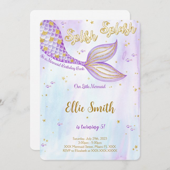 Invitación de cumpleaños de sirena (Anverso / Reverso)