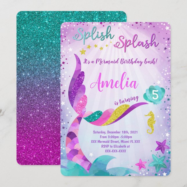 Invitación de cumpleaños de sirena (Anverso / Reverso)