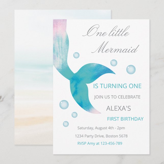 Invitación de cumpleaños de sirena 1er Cumpleaños  (Anverso / Reverso)