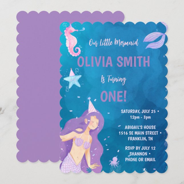 Invitación de cumpleaños de sirena 1er cumpleaños (Anverso / Reverso)