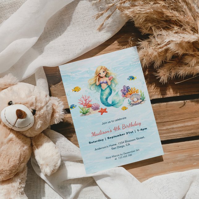Invitación de cumpleaños de sirena acuarela (Subido por el creador)