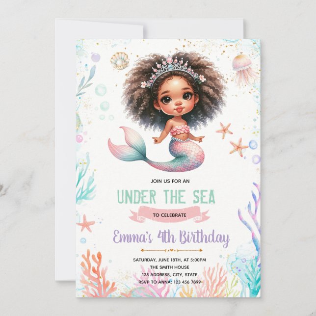 Invitación de cumpleaños de sirena africana (Anverso)