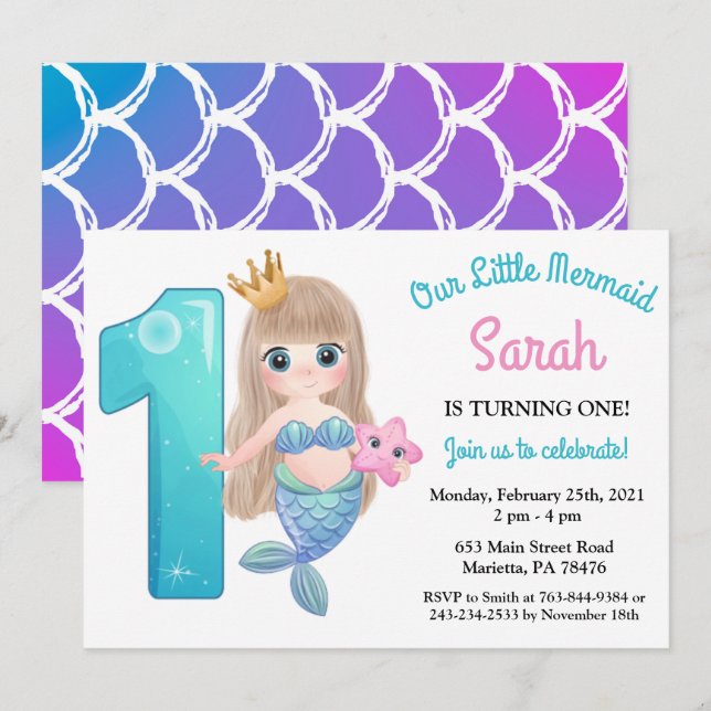 Invitación de cumpleaños de sirena al agua para 1e (Anverso / Reverso)
