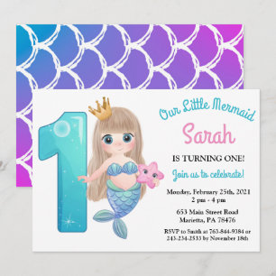 Invitación de cumpleaños de sirena al agua para 1e
