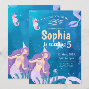 Invitación de cumpleaños de sirena azul y púrpura