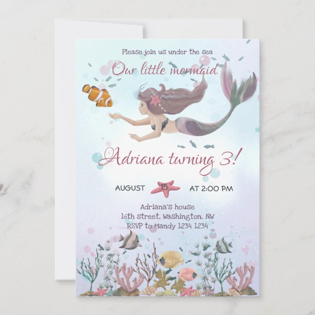 Invitación de cumpleaños de sirena bajo el mar (Anverso)
