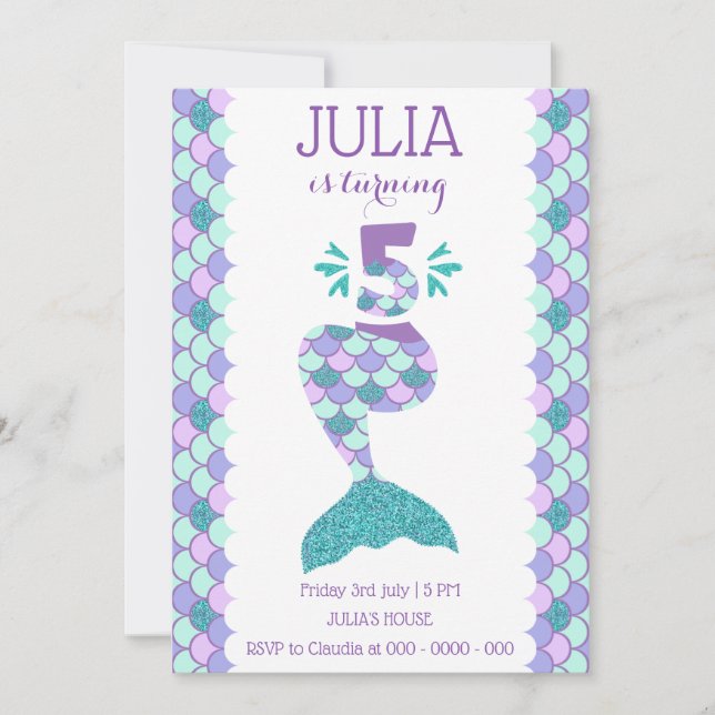 Invitación de cumpleaños de sirena bajo el mar (Anverso)