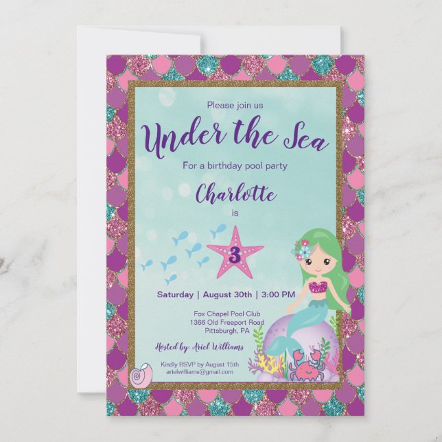 Invitación de cumpleaños de Sirena bajo el mar (Anverso)