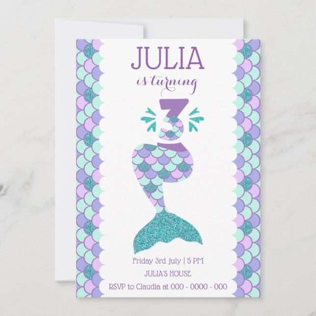 Invitación de cumpleaños de sirena bajo el mar (Anverso)