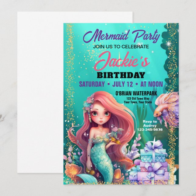 Invitación de cumpleaños de sirena bajo el mar (Anverso / Reverso)