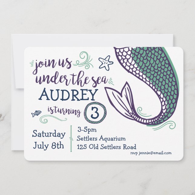 Invitación de cumpleaños de sirena bajo el mar (Anverso)