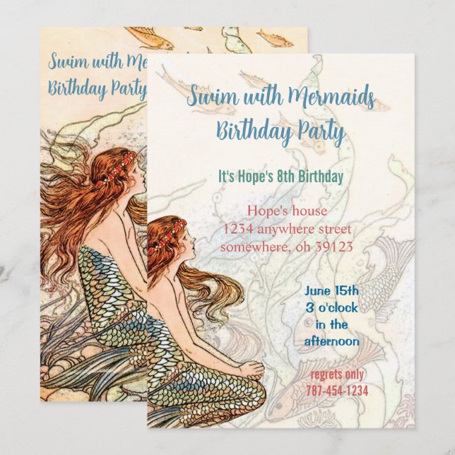 Invitación de cumpleaños de sirena bajo el mar (Anverso / Reverso)