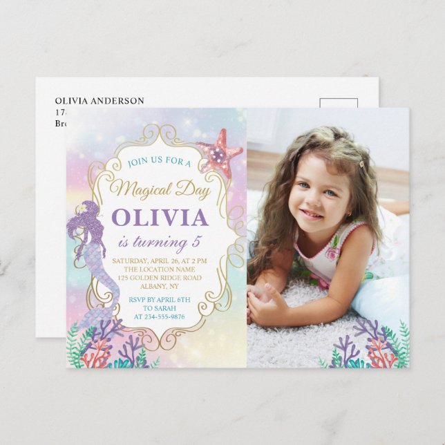 Invitación de Cumpleaños de Sirena Bajo El Mar con (Anverso / Reverso)