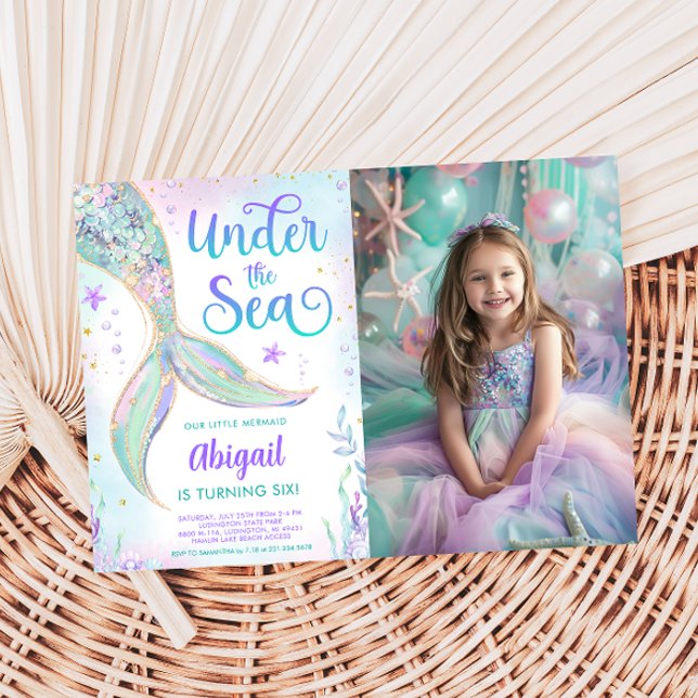 Invitación de Cumpleaños de Sirena Bajo el Mar con (Under the Sea Mermaid Birthday Photo Invitation)
