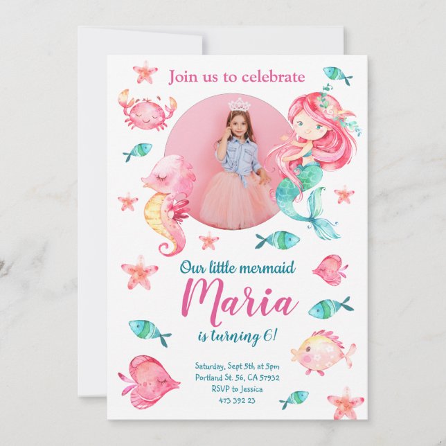 Invitación de cumpleaños de Sirena bajo el mar Fot (Anverso)