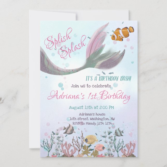 Invitación de cumpleaños de sirena bajo el mar par (Anverso)