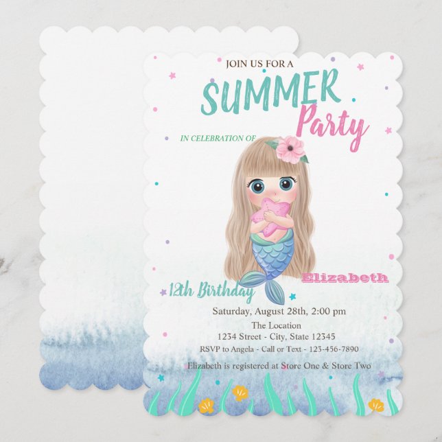 Invitación de cumpleaños de sirena bebé con concha (Anverso / Reverso)