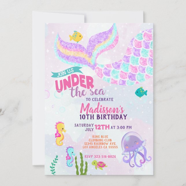 Invitación de cumpleaños de sirena brillante bajo  (Anverso)
