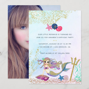 Invitación de Cumpleaños de Sirena con Acuarela