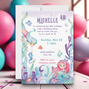 Invitación de cumpleaños de sirena con acuarela pa