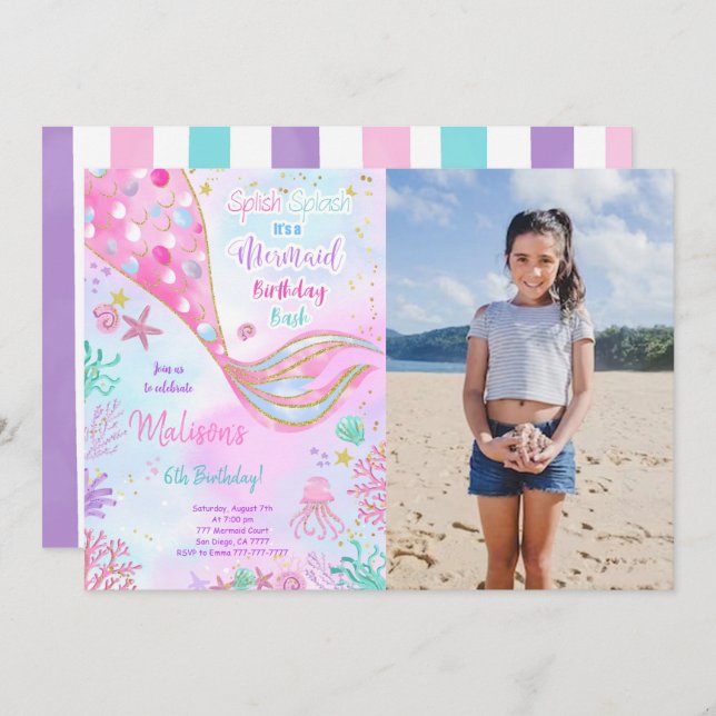 Invitación de cumpleaños de sirena con acuarela y  (Anverso / Reverso)