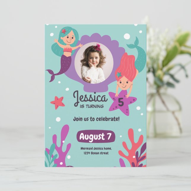 Invitación de cumpleaños de sirena, cumpleaños de  (Anverso de pie)