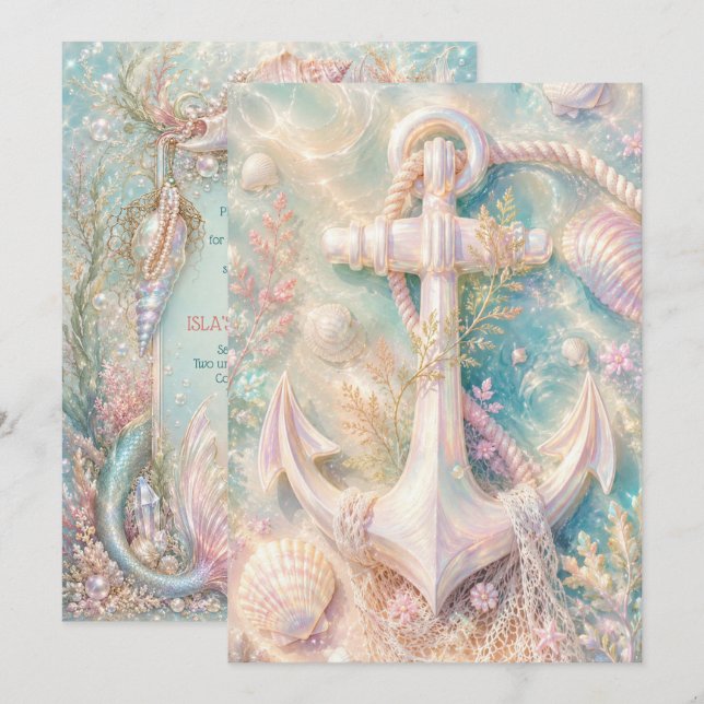 Invitación de cumpleaños de sirena de ancla de per (Anverso / Reverso)