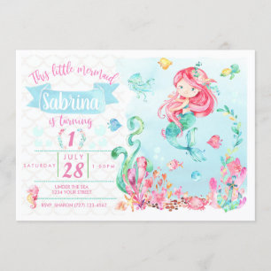 Invitación de cumpleaños de sirena de cabeza roja