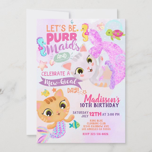 Invitación de cumpleaños de sirena de gato Purrmai (Anverso)