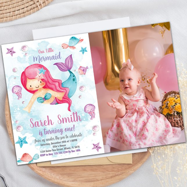 Invitación de cumpleaños de sirena de la nube verd (Green Cloud Mermaid Birthday Invitations w photo)