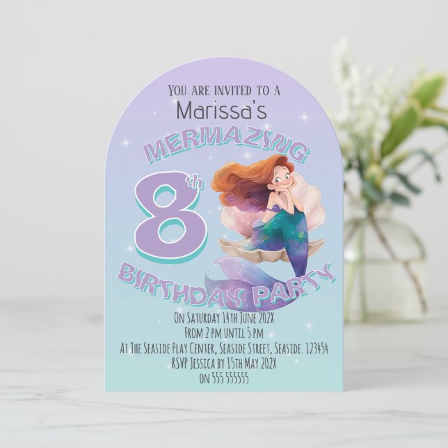 Invitación de cumpleaños de sirena de pelo rojo (Anverso de pie)