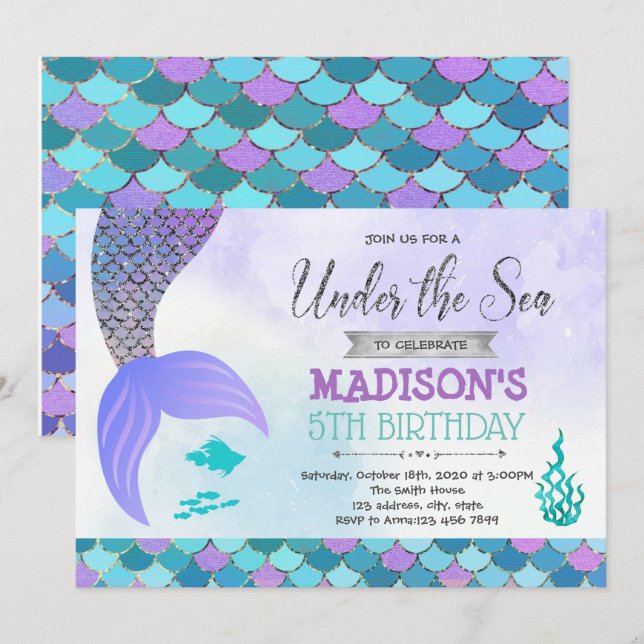 Invitación de cumpleaños de sirena de plata morada (Anverso / Reverso)