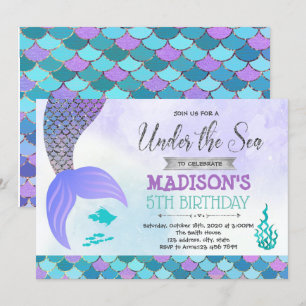 Invitación de cumpleaños de sirena de plata morada