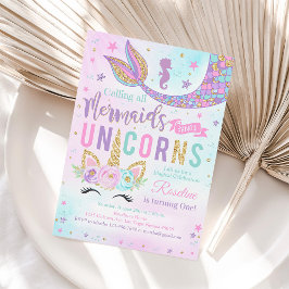 Invitación de cumpleaños de sirena de unicornio má