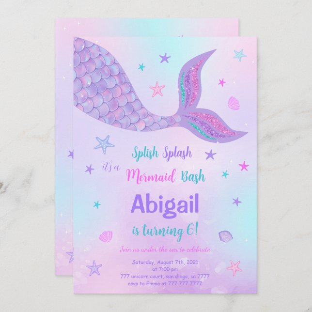 Invitación de cumpleaños de sirena editable (Anverso / Reverso)